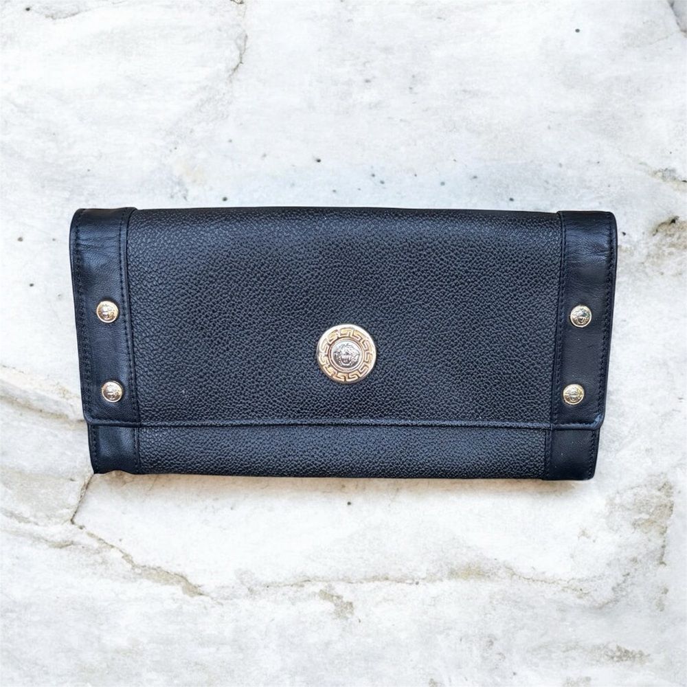 Gianni VERSACE Black Leather Long Medusa Medallion Stud Wallet Authentic w/COA